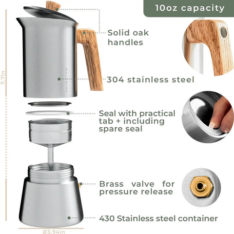 Exploded view of Stainless Steel Moka Pot 10oz With Oak Wood Handle Toxic Free No Junk Plastic No Aluminum Brew For Stovetop Espresso Maker