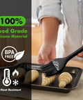 Person using 600 Degree Fahrenheit Heat Resistant Silicone Basting Brush Set for baking croissants, BPA free, stainless steel core