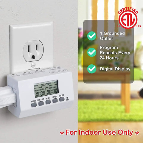 All Season Dual Grounded Outlets Outdoor Digital Timer With Six Inch Cord Plug And Play Simple Three Button Setup For Christmas Lights And Led Decor No Sweat on wall with digital display and features.
