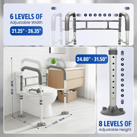 Adjustable grab bar with 6 width levels, 8 height levels, supporting 350 lbs for seniors, built tough toilet safety rail.