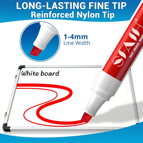 Chisel Tip Dry Erase Markers With Magnetic Whiteboard Eraser 36 Bulk Pack in four colors showing red line on whiteboard