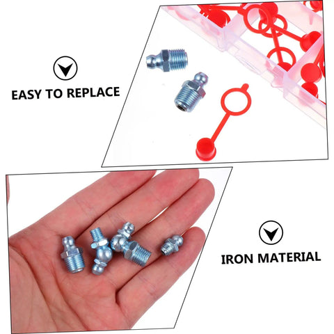 Zerk Nipples Fitting Assortment Kit With Covers For Auto And Machinery Lubrication showing iron grease nipples and red covers