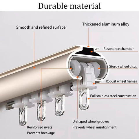 Heavy Duty Double Curtain Rods With Wall Mounted Track System, Silent Roller Aluminum Sliding Ceiling Curtain Track In Gold Finish, Adjustable Rails For 4m To 18ft Lengths, Durable Aluminum Alloy, Easy Glide, Modern Home Curtain Solution, aluminum track detail