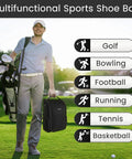 Man on golf course holding spacious golf shoe bag for men with a large horseshoe opening that makes shoe stuffing a breeze, fits size 15 shoes