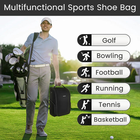 Man on golf course holding spacious golf shoe bag for men with a large horseshoe opening that makes shoe stuffing a breeze, fits size 15 shoes