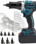 Professional Grade Heavy Duty Cordless Rivet Gun With Smart Memory Mode And Quiet Brushless Motor for metal assembly, image showing attachments and battery.