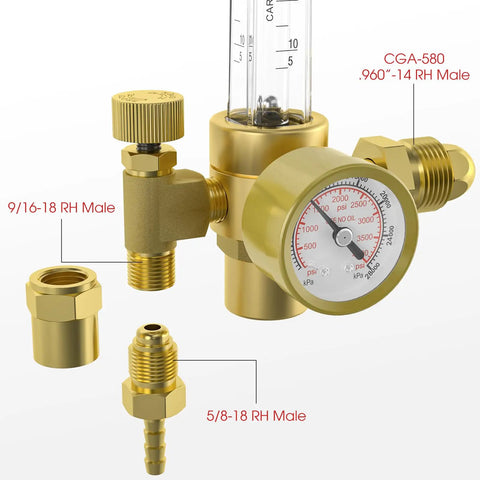 Argon And CO2 MIG And TIG Flow Meter Gas Regulator Gauge With 8 Foot Hose, Leakproof CGA 580 Inlet, brass construction