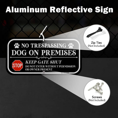 Badass Yard Setup 12 X 6 Inch No Trespassing Dog On Premises Sign 2 Pack Heavy Aluminum Fence Lockdown Plaque displayed with zip ties and screws