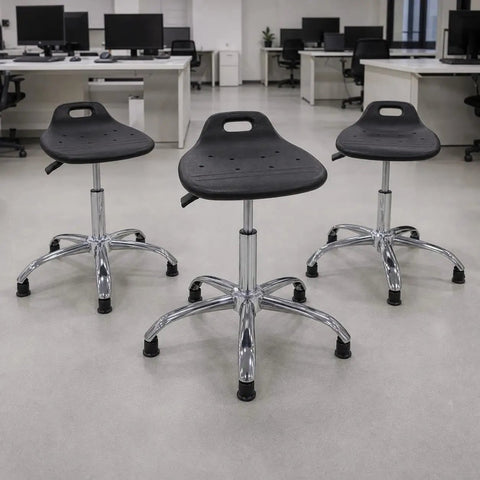 Built Tough Height Adjustable Shop Stool With Smooth Rolling Swivel Casters And A Durable Pu Seat Ready For Assembly Lines Cleanrooms And Garage Workspaces. Three stools in an office setting.