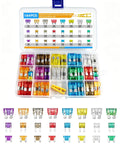 Sweet 184 Piece Car Fuses Set With 8 Common Amperage Rates displayed in a plastic box with colorful fuses and yellow puller.