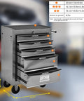 Lockable Rolling Tool Cart Cabinet With Steel Body And Ball Bearing Slides For Garage Workshop Tool Crib Must Haves, 5 drawers, silver finish.