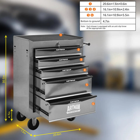 Lockable Rolling Tool Cart Cabinet With Steel Body And Ball Bearing Slides For Garage Workshop Tool Crib Must Haves, 5 drawers, silver finish.