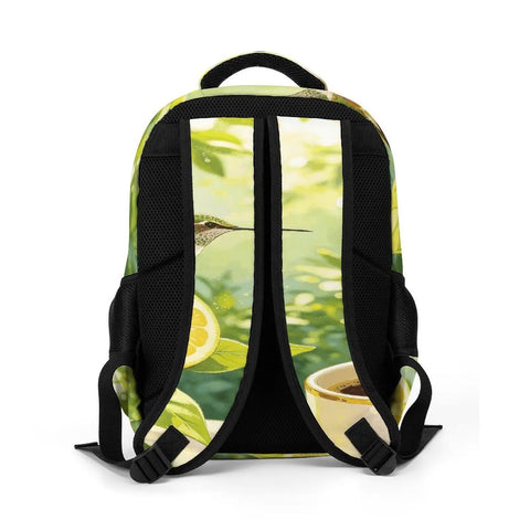 Back view of Tropical Hummingbird Lemon Coffee Print Unisex Backpack With Large Capacity and breathable straps