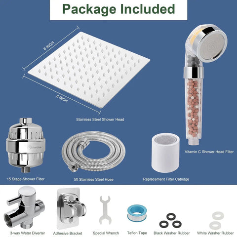 High Pressure 8 Inch Rainfall Filter Shower Head With Replaceable Cartridge Removes Chlorine Fluoride And Hard Water Substances Chrome Square Mount Improves Skin And Hair Experience set