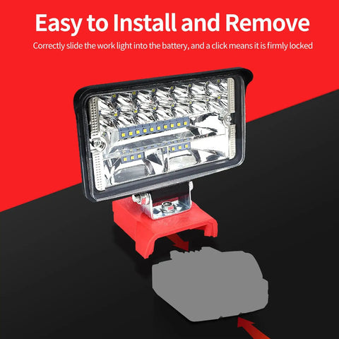 Cordless LED Work Light For Milwaukee M18 Batteries, 80W 6000LM on red background, adjustable head shown, battery not included.