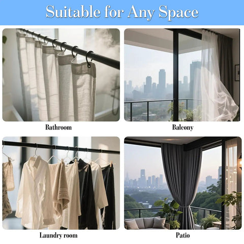 Heavy Duty Tension Curtain Rod 48 To 140 Inch No Drilling Easy Install Extra Long Shower Rod For Closet Bathroom Windows Black Steel in various home settings