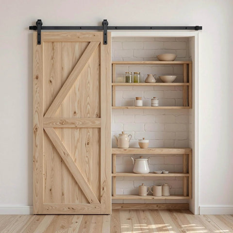Heavy Duty Sliding Barn Door Hardware Kit for 36 to 40 Inch Doors, 330 Lbs Capacity, installed on wooden pantry door