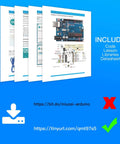 "Starter Kit For Arduino Projects With Breadboard, LCD1602 Module, Jumpers, Servo, Sensors, LEDs, And 28 Free Lessons" guide pages