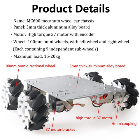 MC600 100mm mecanum wheel 4WD car chassis on 3mm aluminum board with high-torque 37 motors and encoders (front view)