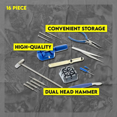 16 Piece Watch Repair Toolkit With Pin Remover Pliers Screwdrivers Case Opener Tweezers Hammer Pin Punches Belt Block On Display