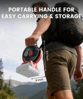 Person holding Cordless 5 Inch Jobsite Fan For Milwaukee 18V Battery with portable handle outdoors