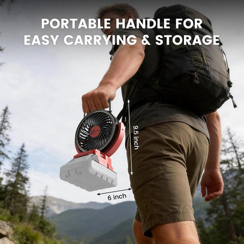 Man holding 5IN Jobsite Fan Compatible With Milwaukee 18V Battery Brushless Motor Variable Speed USB Fast Charging LED For Camping And Fishing