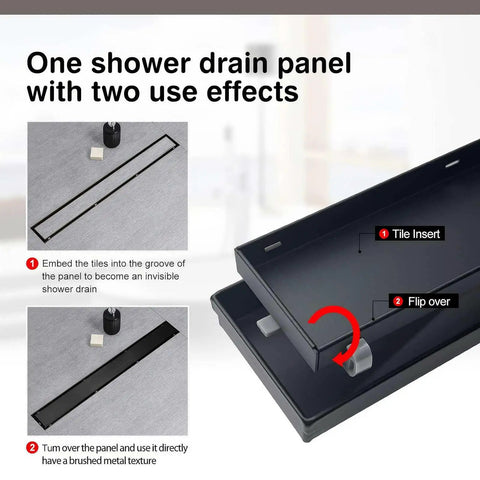 Black Slick 28 Inch Linear Shower Drain With Flat And Tile Insert showing tile insert and flip over panel for modern showers