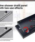 Diagram of Black 36 Inch Linear Shower Drain With Flat Tile Insert 2 in 1 Panel 2 Inch Outlet highlighting installation options