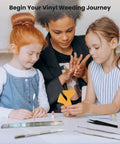 Children using 35-Piece All-In-One Weeding Tools Kit for vinyl and scrapbooking, featuring tweezers, ruler, and carving tools.