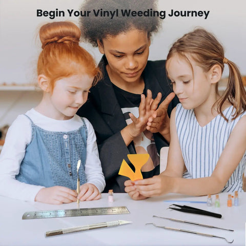 Children using 35-Piece All-In-One Weeding Tools Kit for vinyl and scrapbooking, featuring tweezers, ruler, and carving tools.