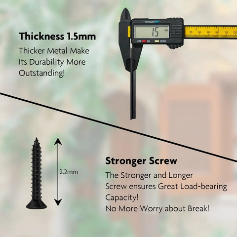 Heavy Duty Black Door Hinges Six Pack With All Necessary Mounting Screws For Wood Doors And Cabinets Built Legit From Solid Iron Hardware That Runs Slick Straight Out The Box Gonna Run Flawlessly Forever. Image showing thickness measurement of hinge at 1.5mm and a strong 2.2mm black screw.