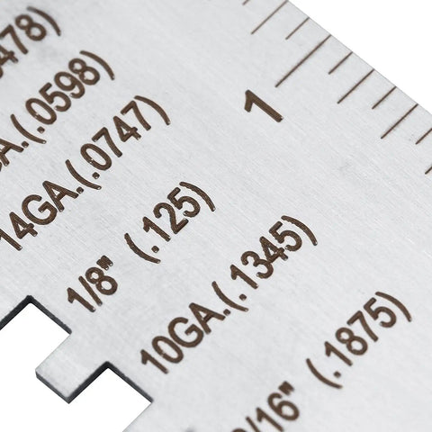 Close-up of Metal Gauge Thickness Tool for Sheet Metal and Welding Projects 24GA to 0.035 Inch Thickness Gauge with Clear Readouts