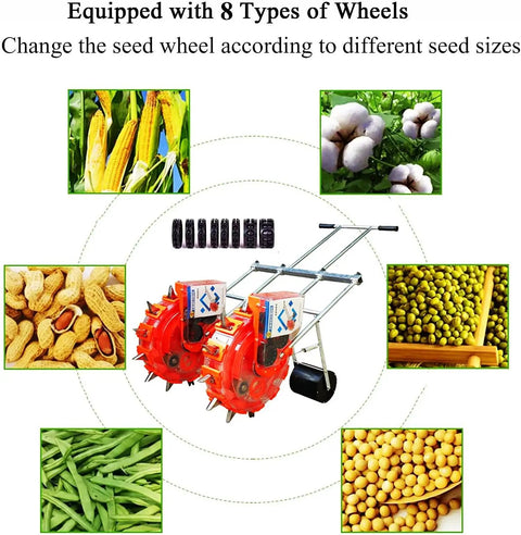 Image of Hand Seed Spreader And Fertilizer Applicator, Double Row Manual Seeder with 8-port seed distributor and seed samples.