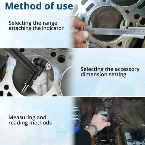 Precision Dial Bore Gauge 0.7 To 6 Inch Range With 6 Inch Depth, 0.0005 Inch Accuracy, 23 Anvils, Chrome Plated Handle being used