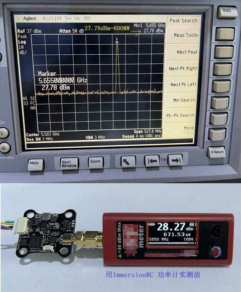 VTX20-600 5.8G 40CH FPV Transmitter With PitMode and power meter display on testing equipment
