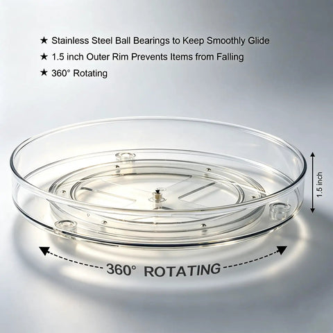 Clear Acrylic 11 Inch Lazy Susan Organizer With A Super Smooth 360 Spin That Makes Taming Kitchen Clutter An Absolute Game Changer For Pantries And Fridge Storage showing 360° view with 1.5 inch rim.