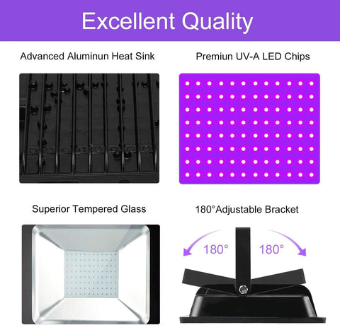 Close-up details of Super Bright UV Black Light 100W Flood Light With 10ft Power Cord IP66 focusing on LED chips and adjustable bracket.