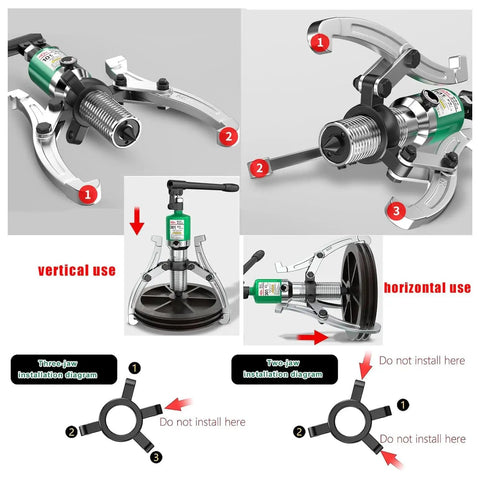 Heavy Duty Hydraulic Gear Puller, 30 Ton Bidirectional Separator Tool, detailed installation diagram for vertical and horizontal use.