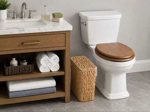 Top Notch Water Hyacinth Wicker Trash Can 3 Gallon Super Compact Bathroom Waste Basket With Secure Lid And Removable Liner No Fuss Fit For Tiny Baths And Cramped Rooms