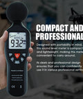 Person holding Pro Grade Sound Level Meter with Data Logger and Software, auto range, backlit LCD, 30 to 130 dB, in hand