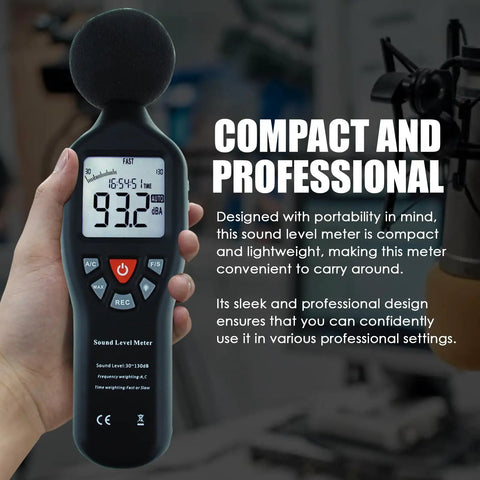 Person holding Pro Grade Sound Level Meter with Data Logger and Software, auto range, backlit LCD, 30 to 130 dB, in hand