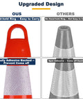 Comparison of Upgraded 28 Inch Traffic Cones 6 Pack PVC Orange Construction Cones With Reflective Collar And Weighted Base, showing hand-held ring and adhesive backed design.