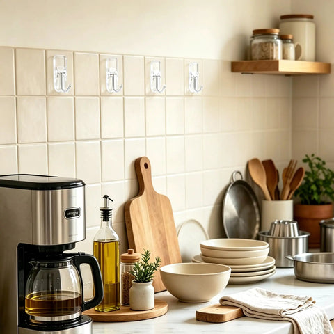 Clear Wire Wall Hooks With Removable Adhesive Strips No Damage Hacks For Ultimate Organization in a stylish kitchen setting.