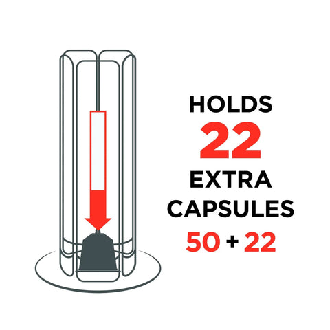 Diagram showing Rotating Nespresso Capsule Carousel With 360 Degree Rotation Holds 50 OriginalLine Pods Plus Central Compartment.