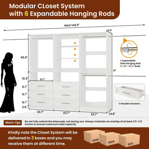 White Modular Closet System Featuring Six Sturdy Wooden Drawers, Five Deep Shelves, And Six Adjustable Hanging Rods For Walk In Bedroom Spaces, Heavy Duty Organizer Built To Hold Your Gear, Flexible Layout That Plays Nice With Any Room.