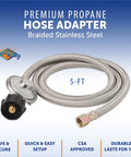 Five-Foot Universal QCC1 Low-Pressure Propane Regulator With Stainless Steel Braided Hose For Most LP Grills, Heaters, And Fire Pit Tables
