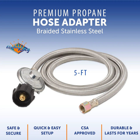 Five-Foot Universal QCC1 Low-Pressure Propane Regulator With Stainless Steel Braided Hose For Most LP Grills, Heaters, And Fire Pit Tables