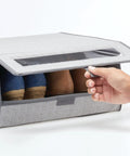 Large Fabric Closet Shoe Storage Box With Clear Window 8 Pack Gray Herringbone Lido Collection showing stored boots