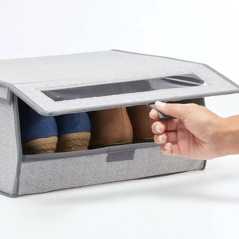 Large Fabric Closet Shoe Storage Box With Clear Window 8 Pack Gray Herringbone Lido Collection showing stored boots