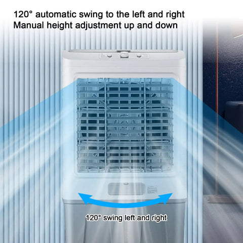 Portable Evaporative Swamp Cooler With Massive Water Tank And Four Ice Packs For Instant Frosty Relief featuring 120° automatic swing.